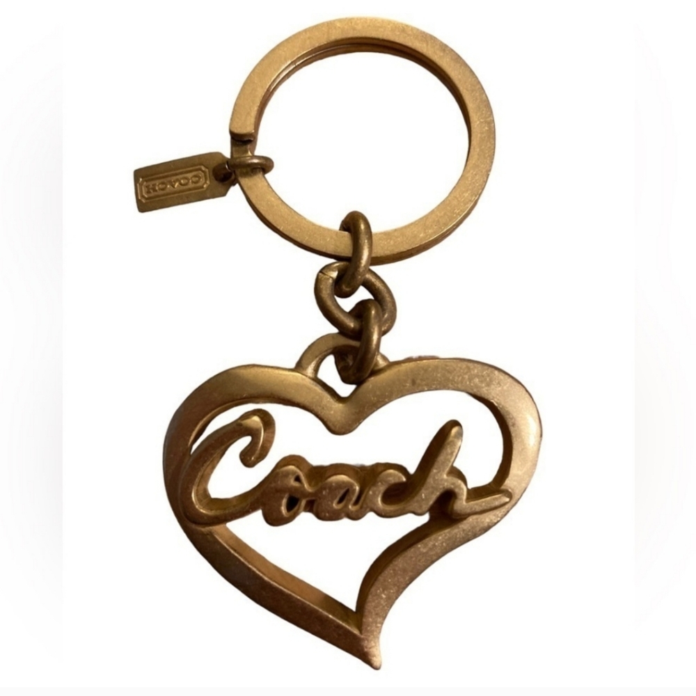 NEW COACH Keychain Heart Coach Logo Brush brass Gold Handbag Charm Retired RARE